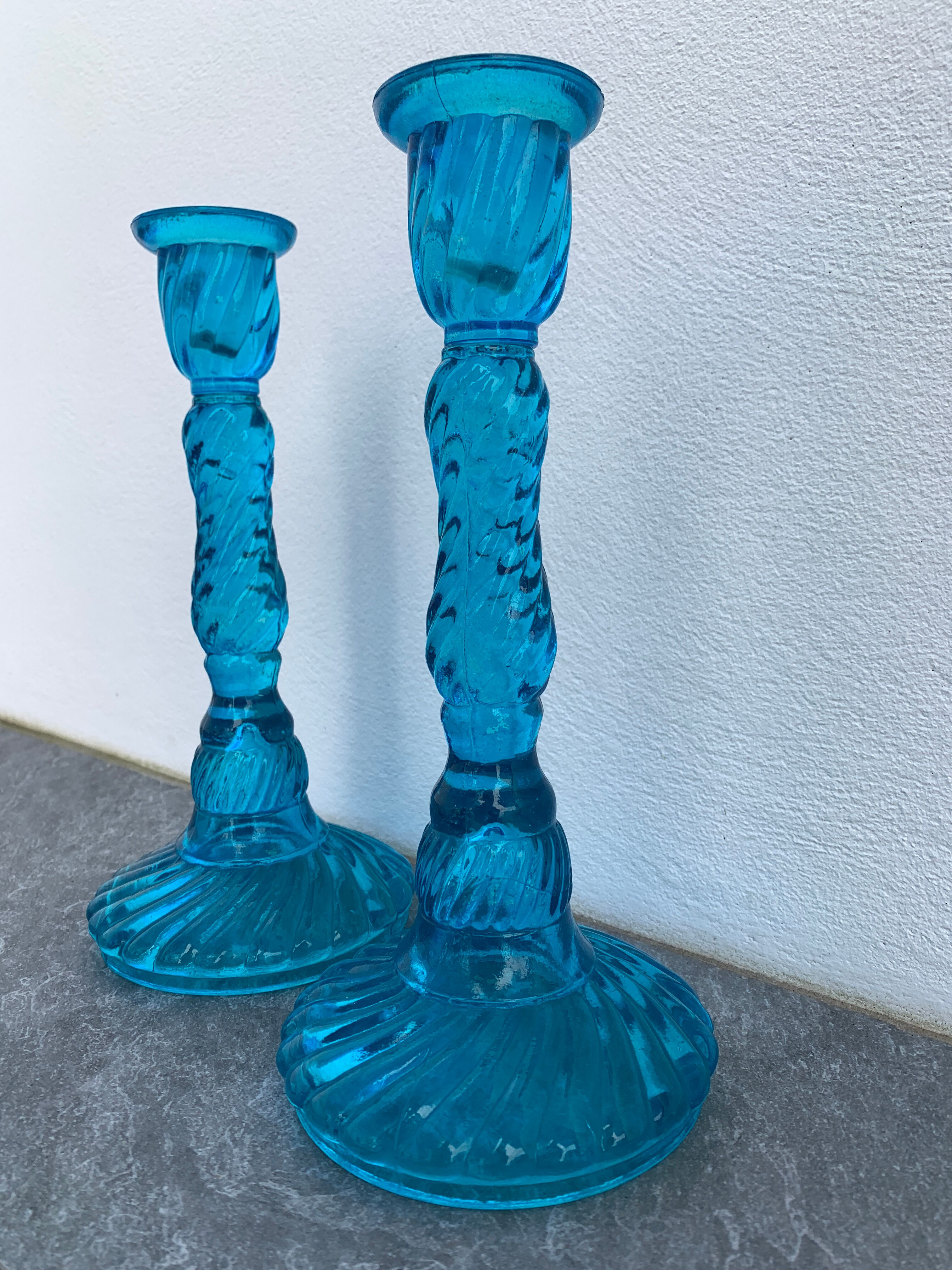 Pair of molded pressed blue glass candle holders