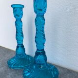 Pair of molded pressed blue glass candle holders