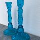 Pair of molded pressed blue glass candle holders