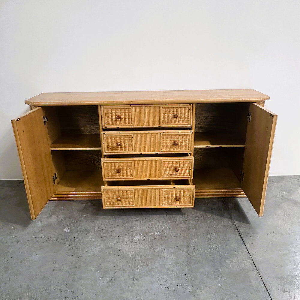 Large coastal rattan and bamboo sideboard credenza, 1980s
