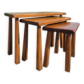 Ensemble de 3 tables gigognes vintage en chêne de style brutaliste