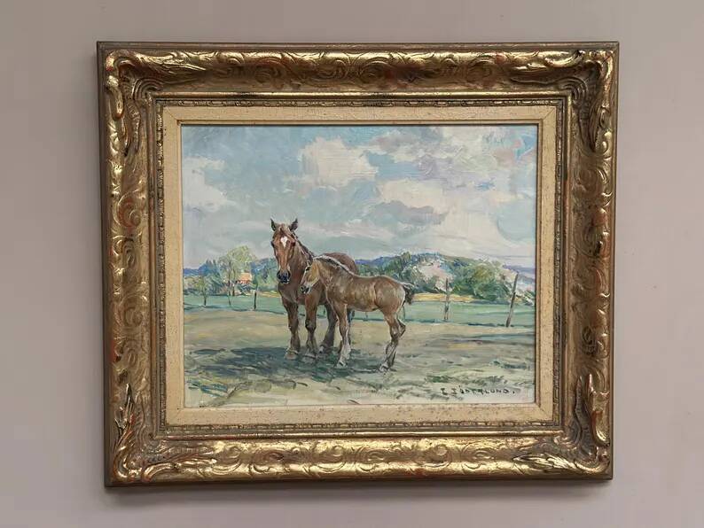 Original Vintage Swedish Oil on Panel – “Horses in a Pasture” by Einar Söderlund – Signed – Vintage & Framed
