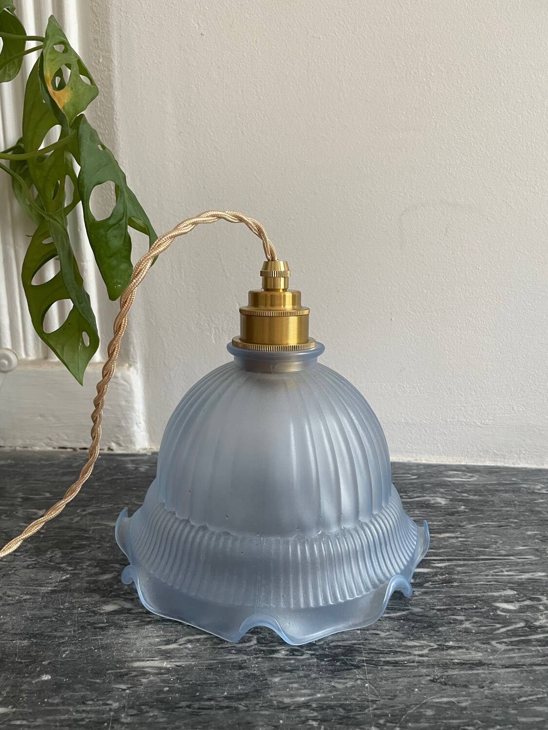 Vintage frosted blue glass pendant light