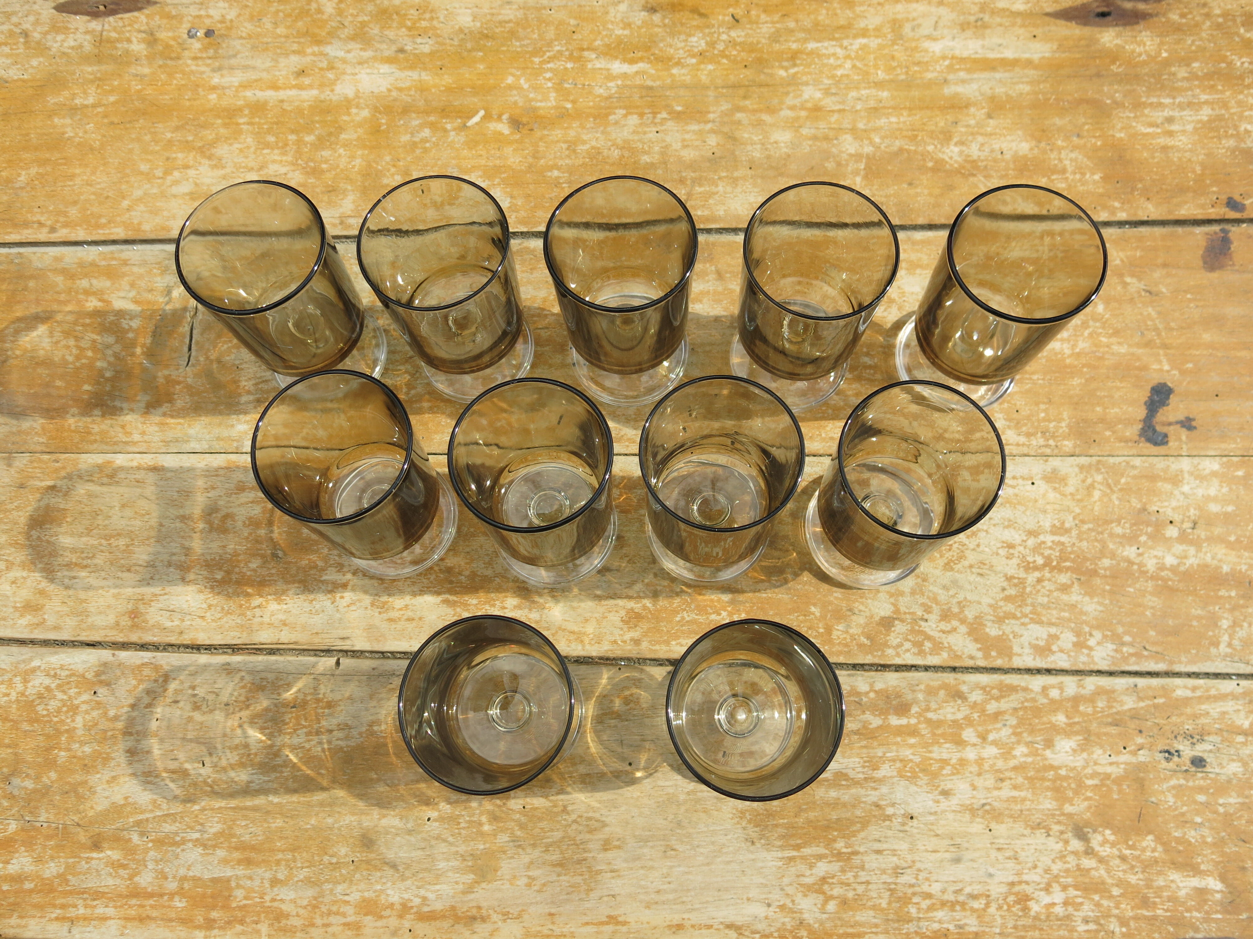 11 gray smoked glass foot glasses in excellent vintage condition