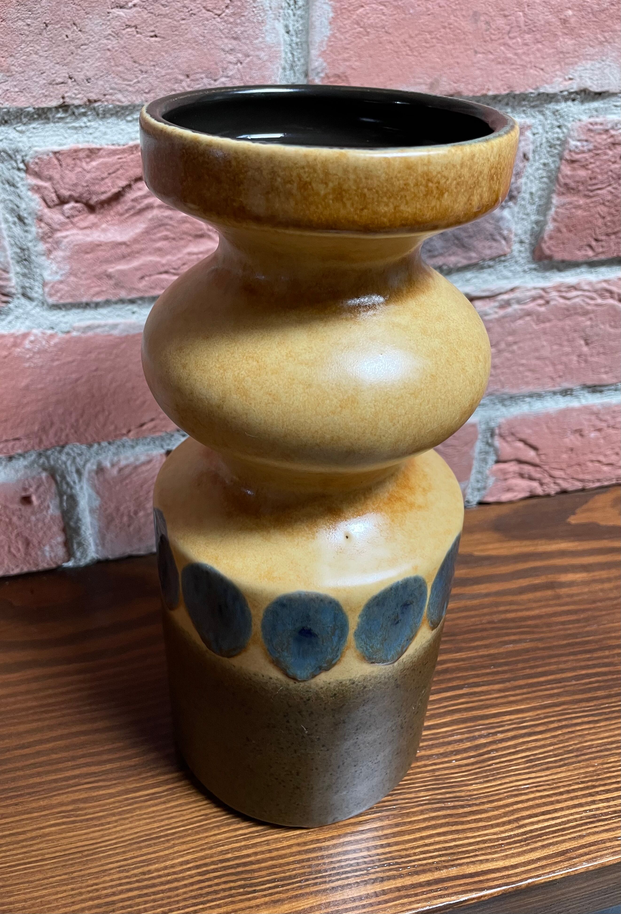 Vase est-allemand de la RDA en jaune, marron et bleu, VEB Haldensleben 3077B,
