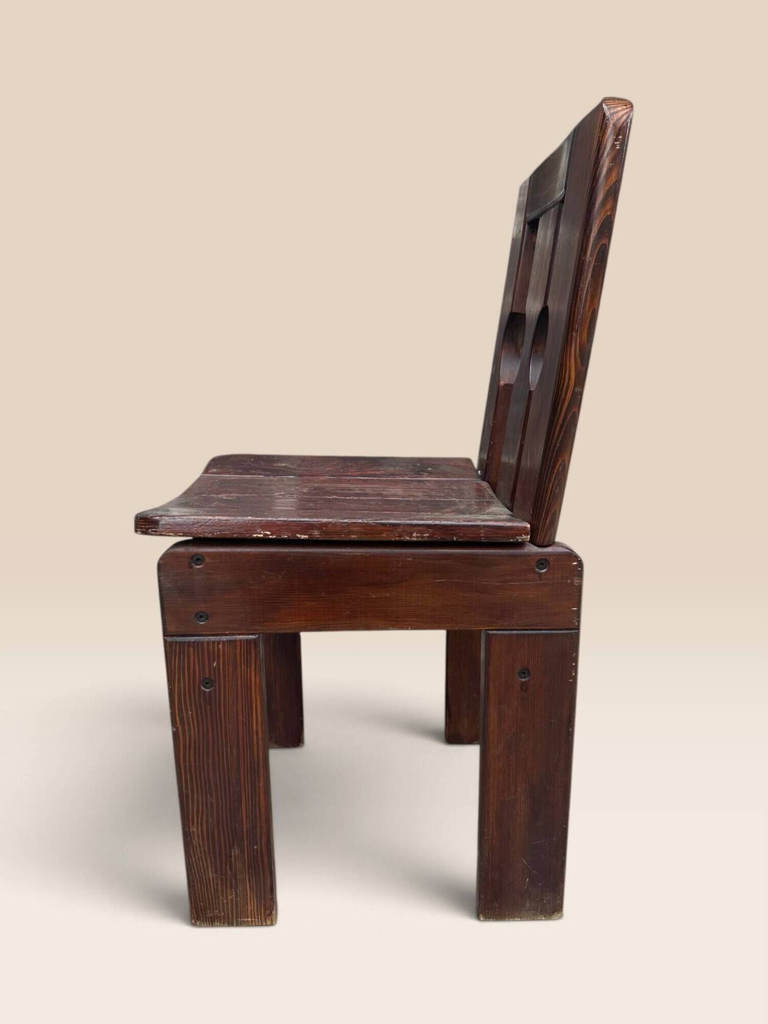 Set of five brutalist chairs in solid pine.