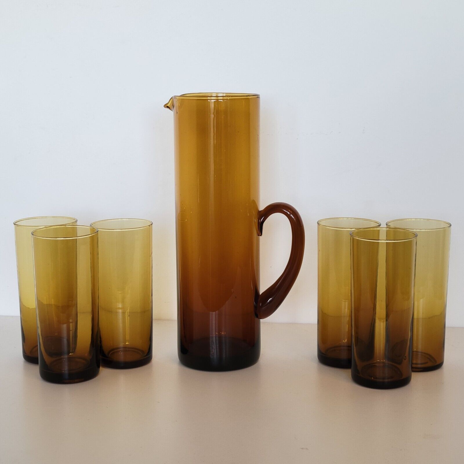 Vintage orangeade service in amber blown glass decanter & 6 glasses