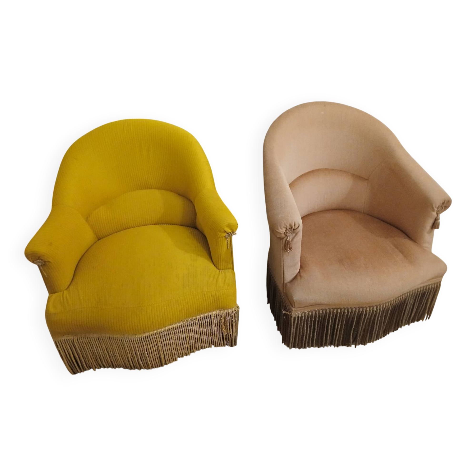 Set of 2 yellow and pink velvet tub chairs.