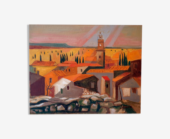 Huile sur toile - Village d'Eguières Jean Abadie (1921-2010)