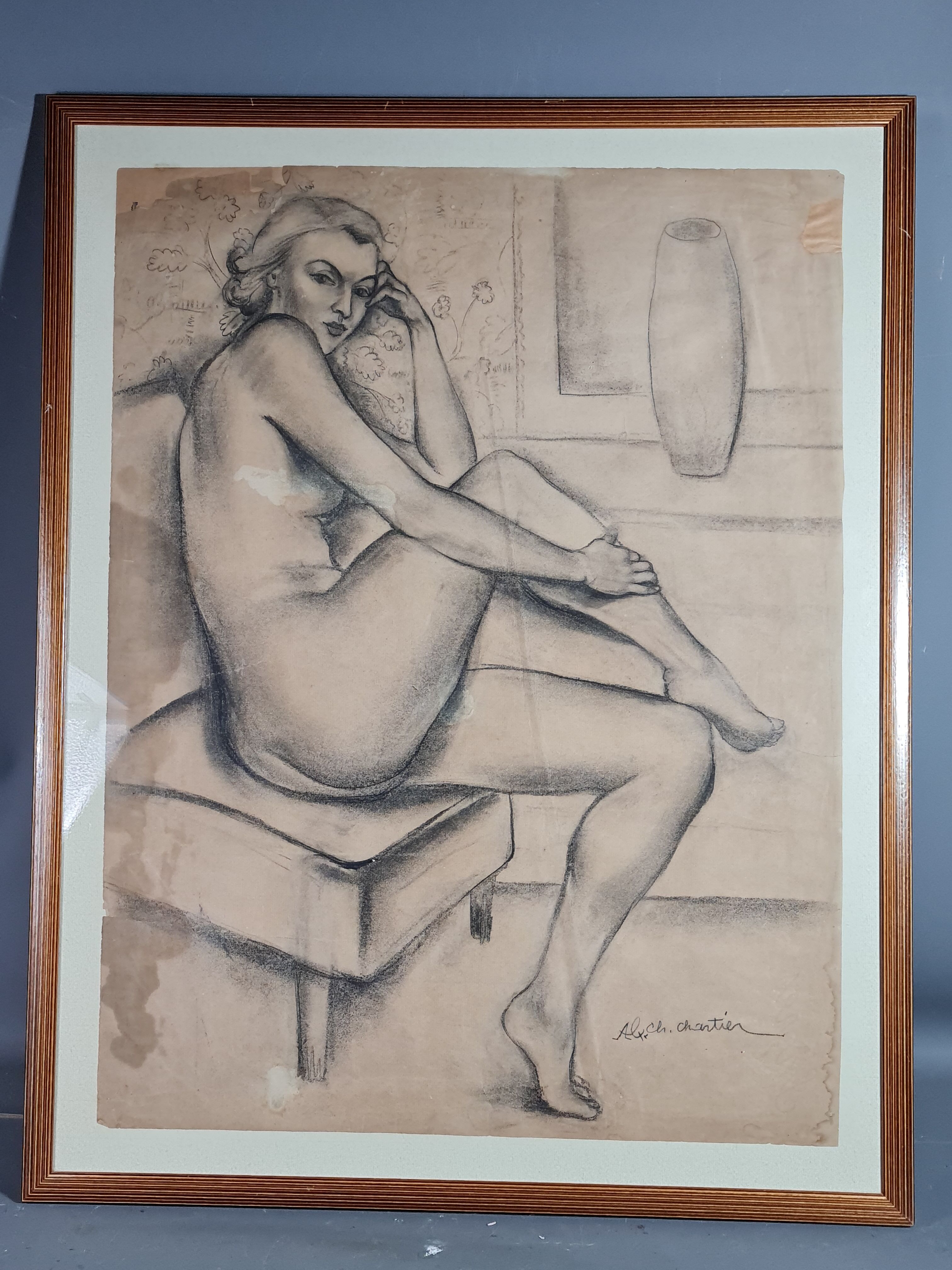 A-c. chartier (1874-1957) femme nue assise dessin fusain art déco 72x57 cm sb
