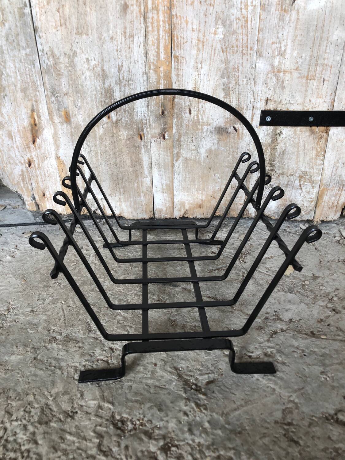 Old vintage black wrought iron fireplace log holder #a574