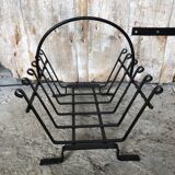 Ancien porte bûches cheminée fer forgé noir vintage #a574