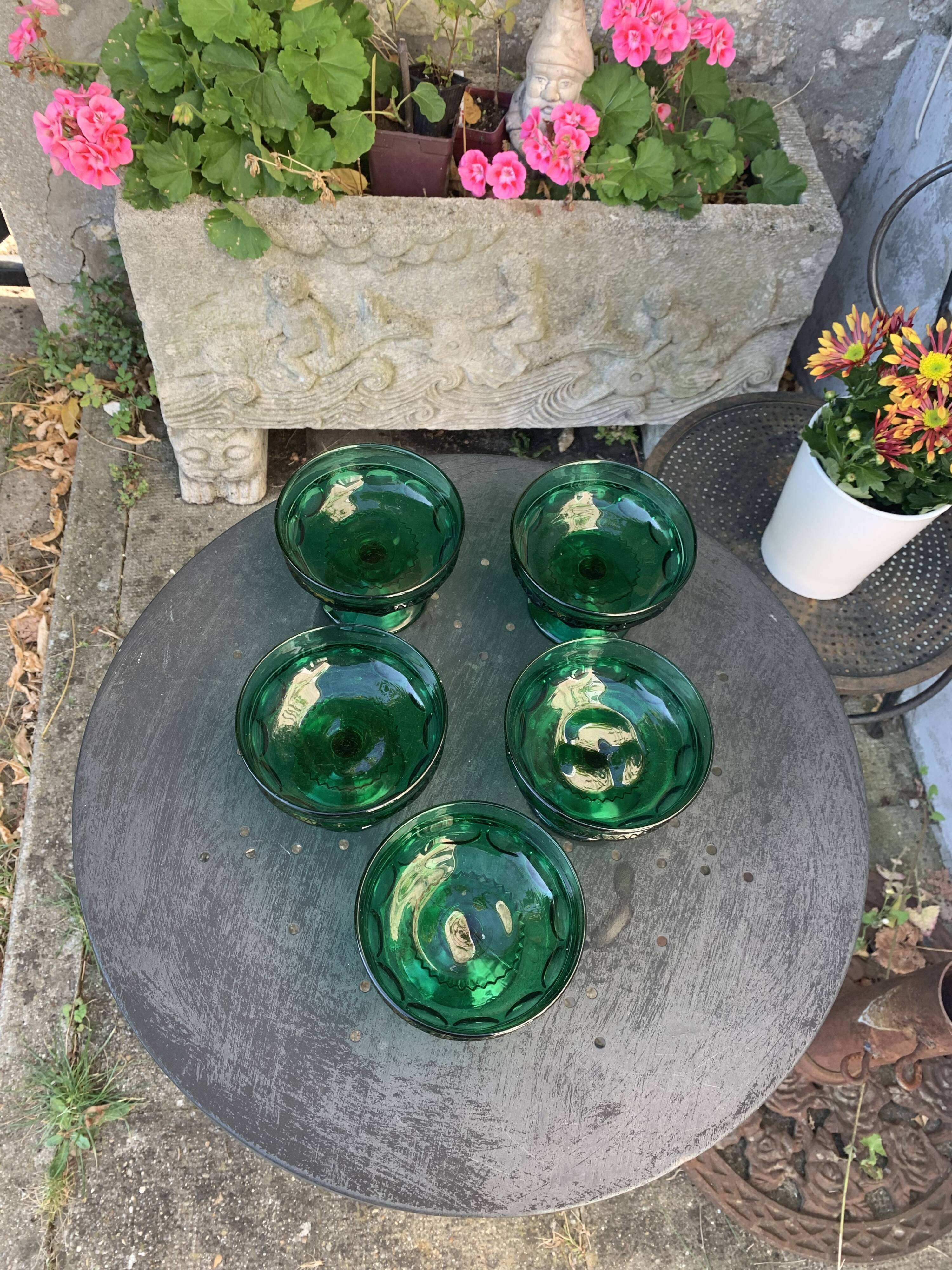 5 cups, vintage green glass verrines