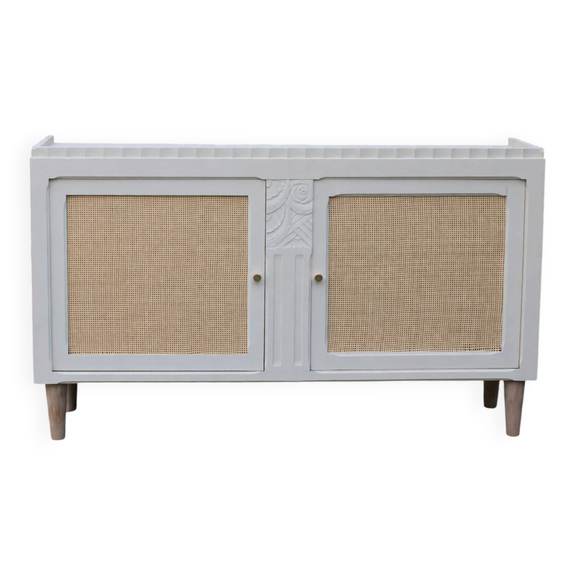 Buffet / enfilade vintage rénové blanc cassé & cannage