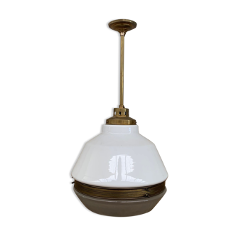 German Antique Two Tone Pendant Light on Brass Stem Gallery