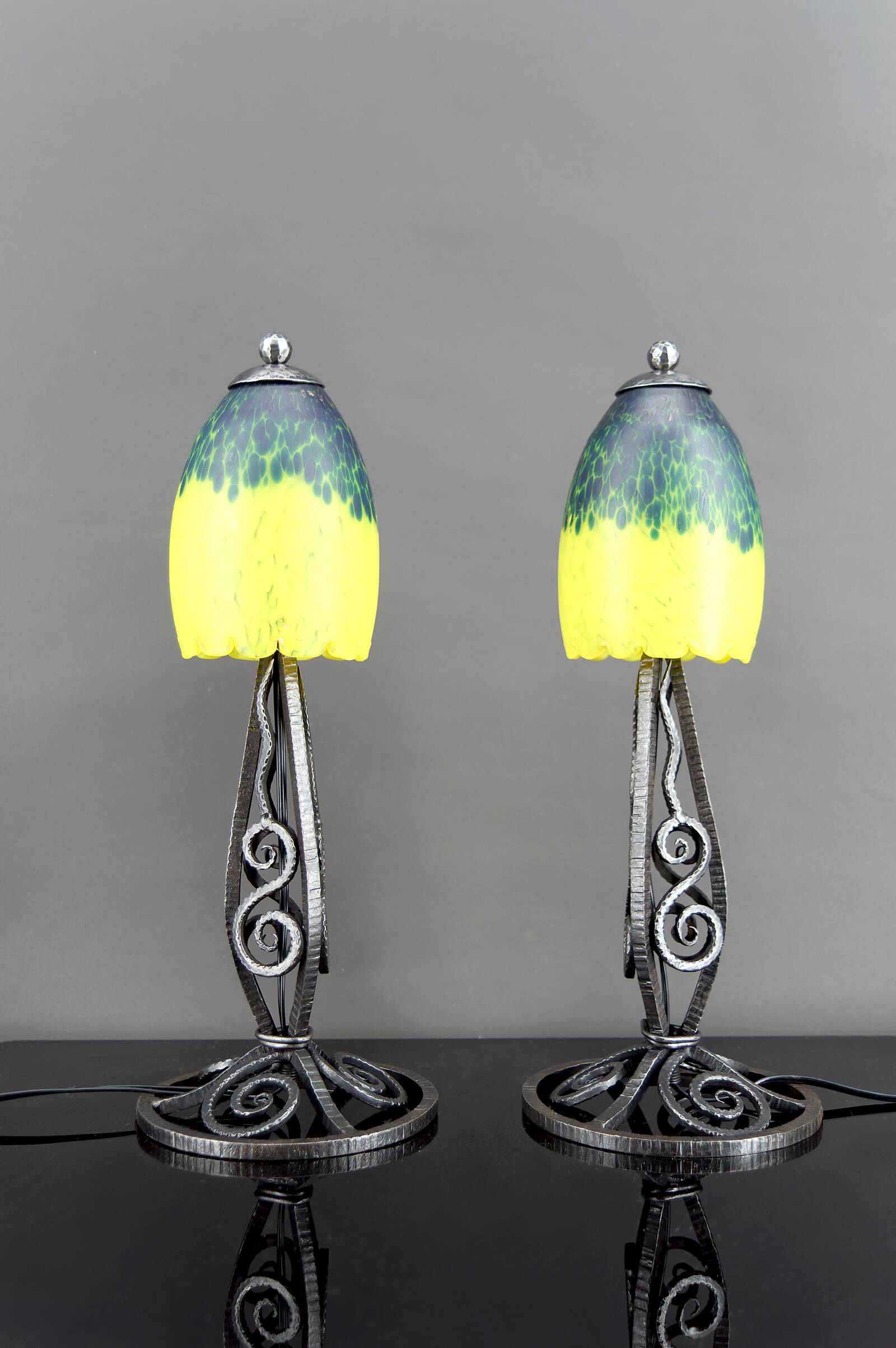 Pair of Wrought Iron & Blown Glass Lamps, France, Art Deco, c. 1930