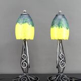 Pair of Wrought Iron & Blown Glass Lamps, France, Art Deco, c. 1930