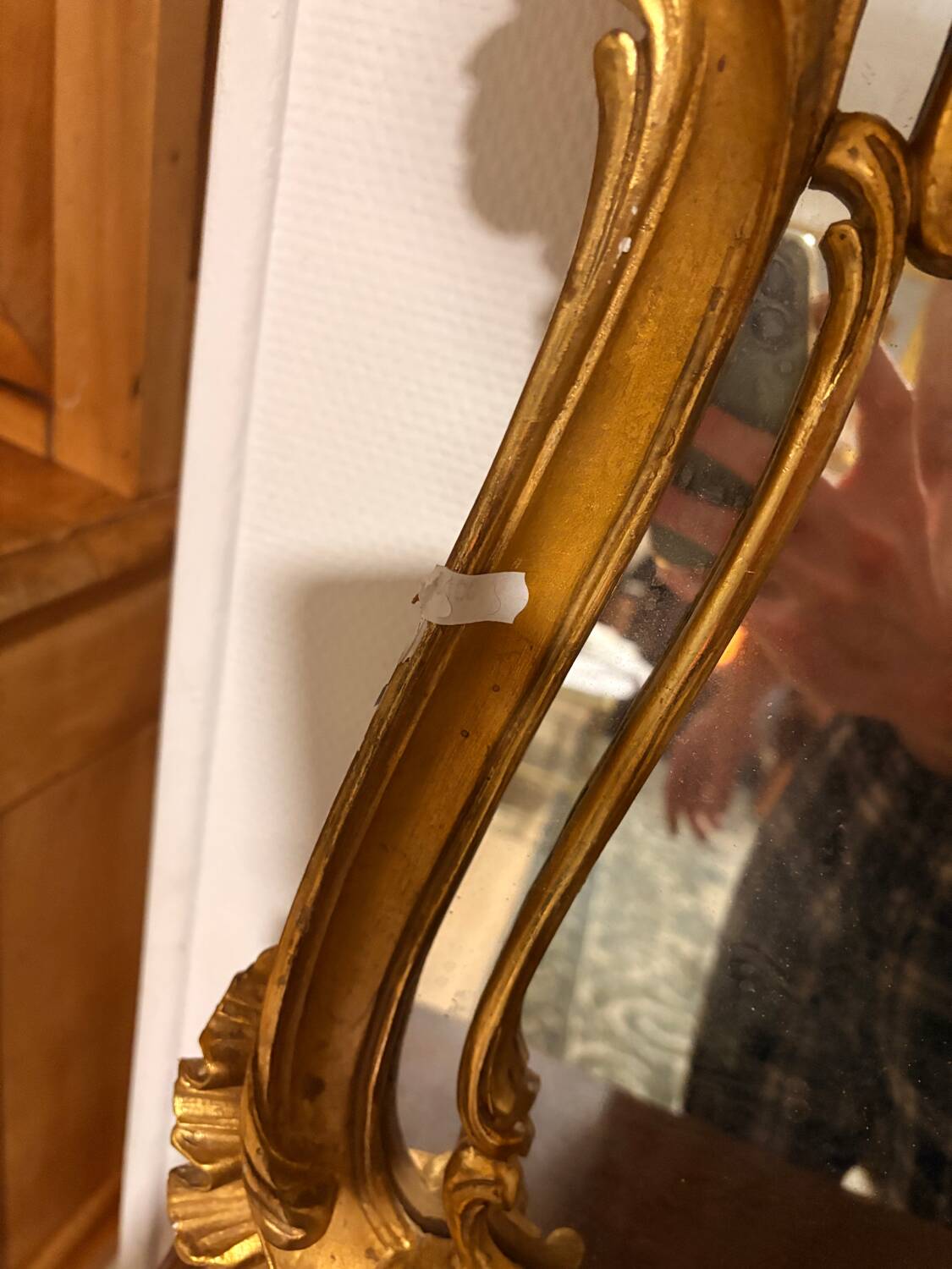 Antique Large Gilded Mirror in Wood Louis XVI Style with Quiver Pediment