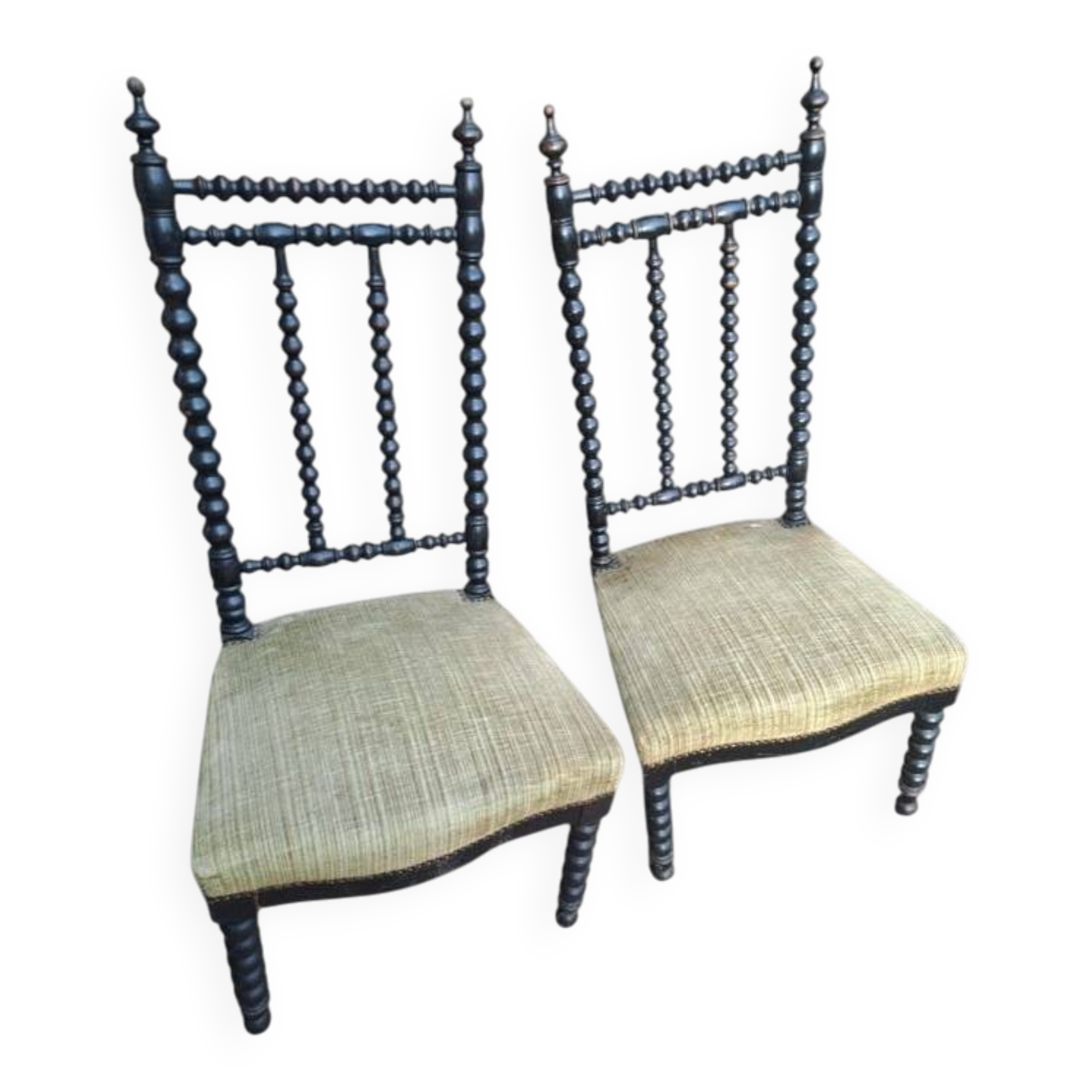 Pair of vintage twisted black wood chairs – Light green fabric seats