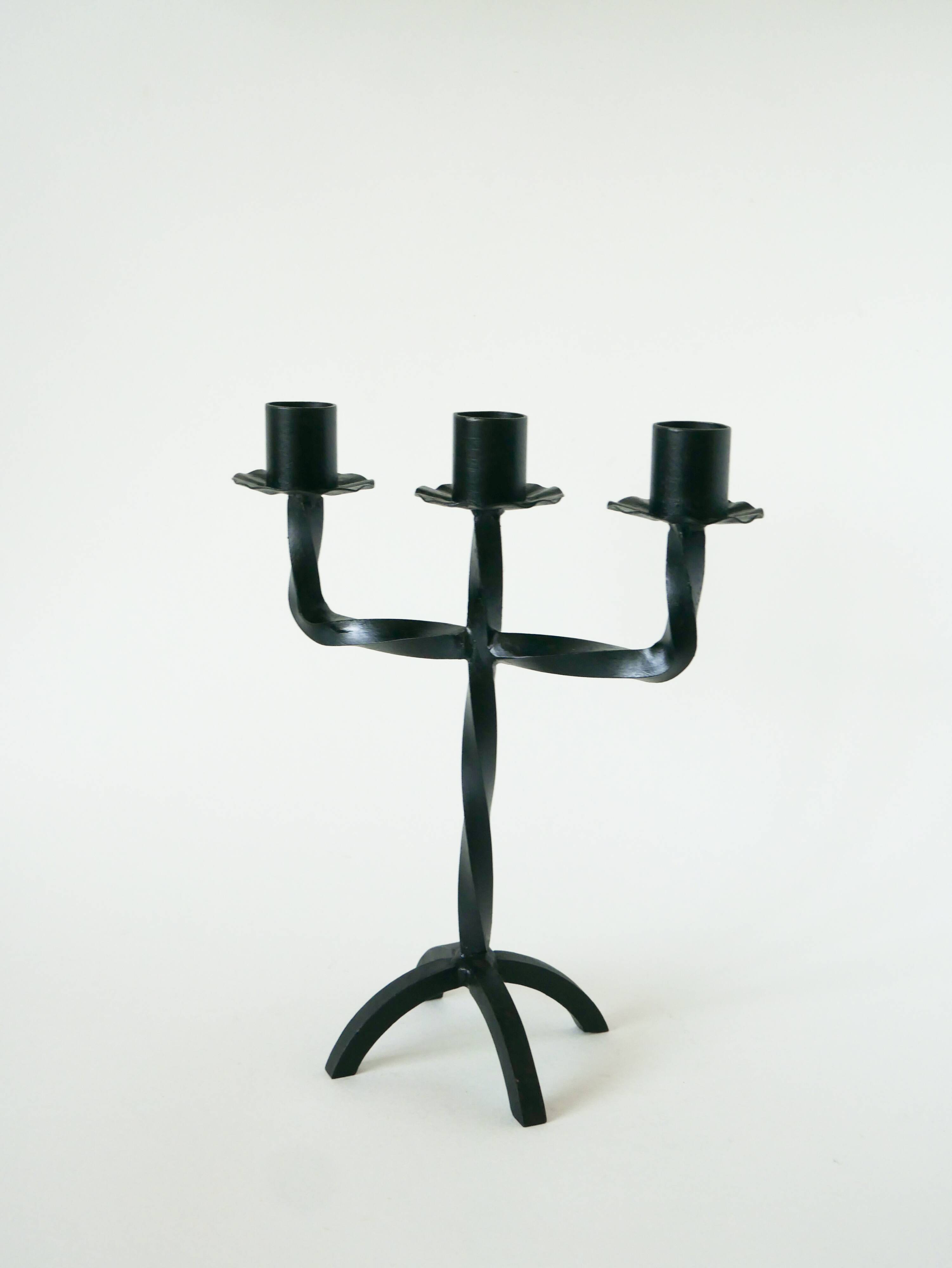 three-light wrought iron candlestick, Brutalist, 1970