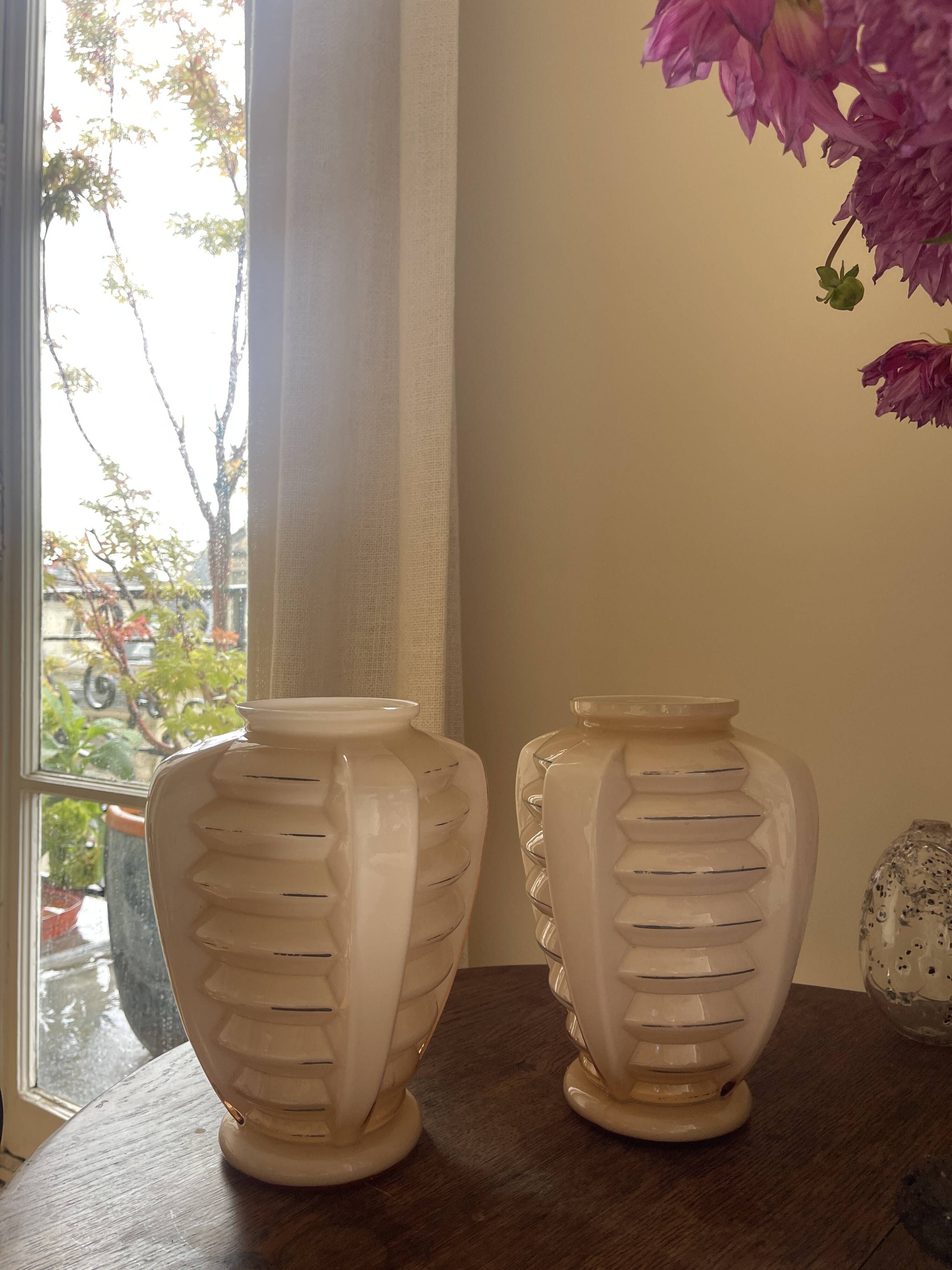 2 light pink opaline vases, art deco style