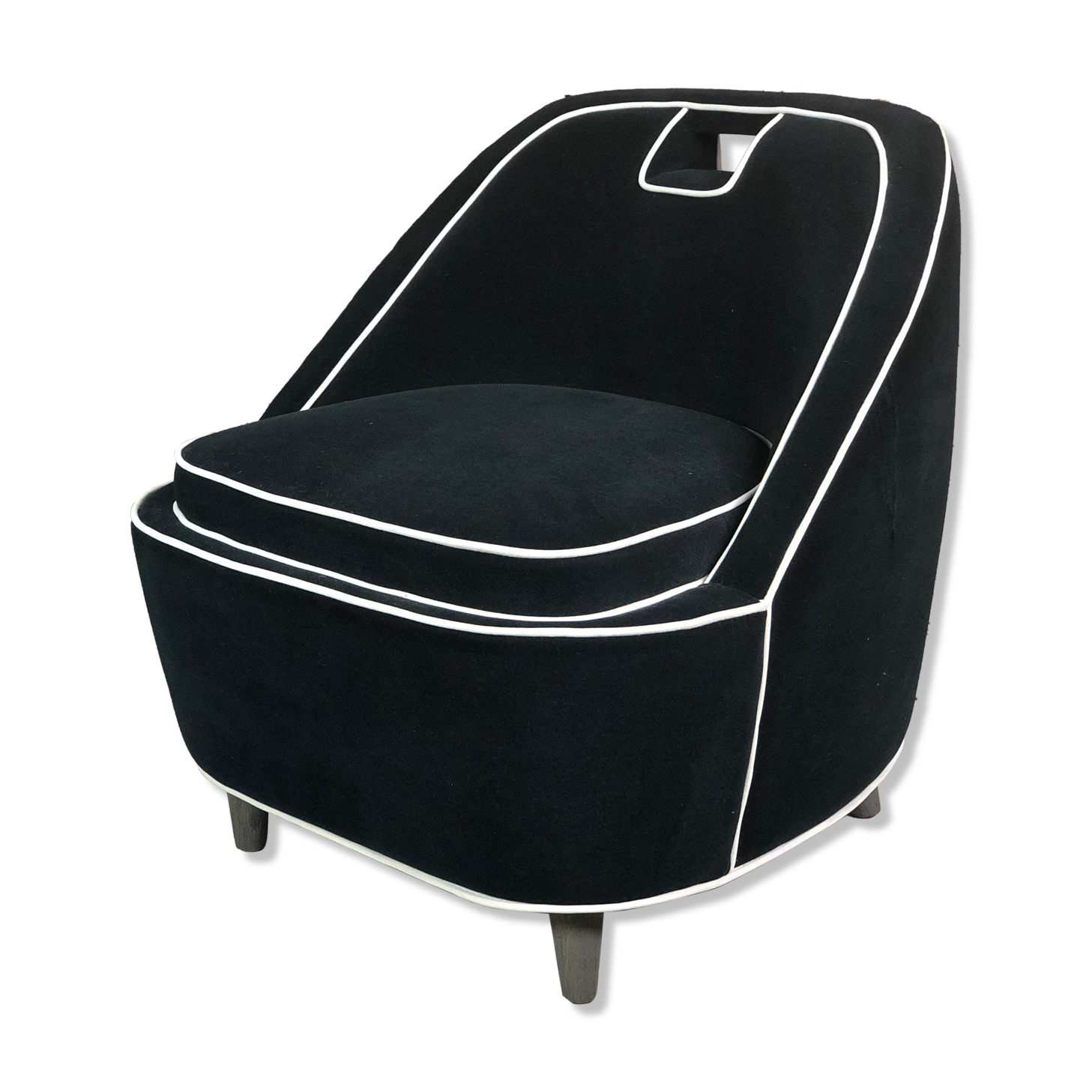 Retro vintage 80's armchair in black velvet with white trim