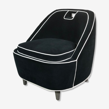Retro vintage 80's armchair in black velvet with white trim