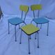 Two chairs and a yellow and blue stool in formica
