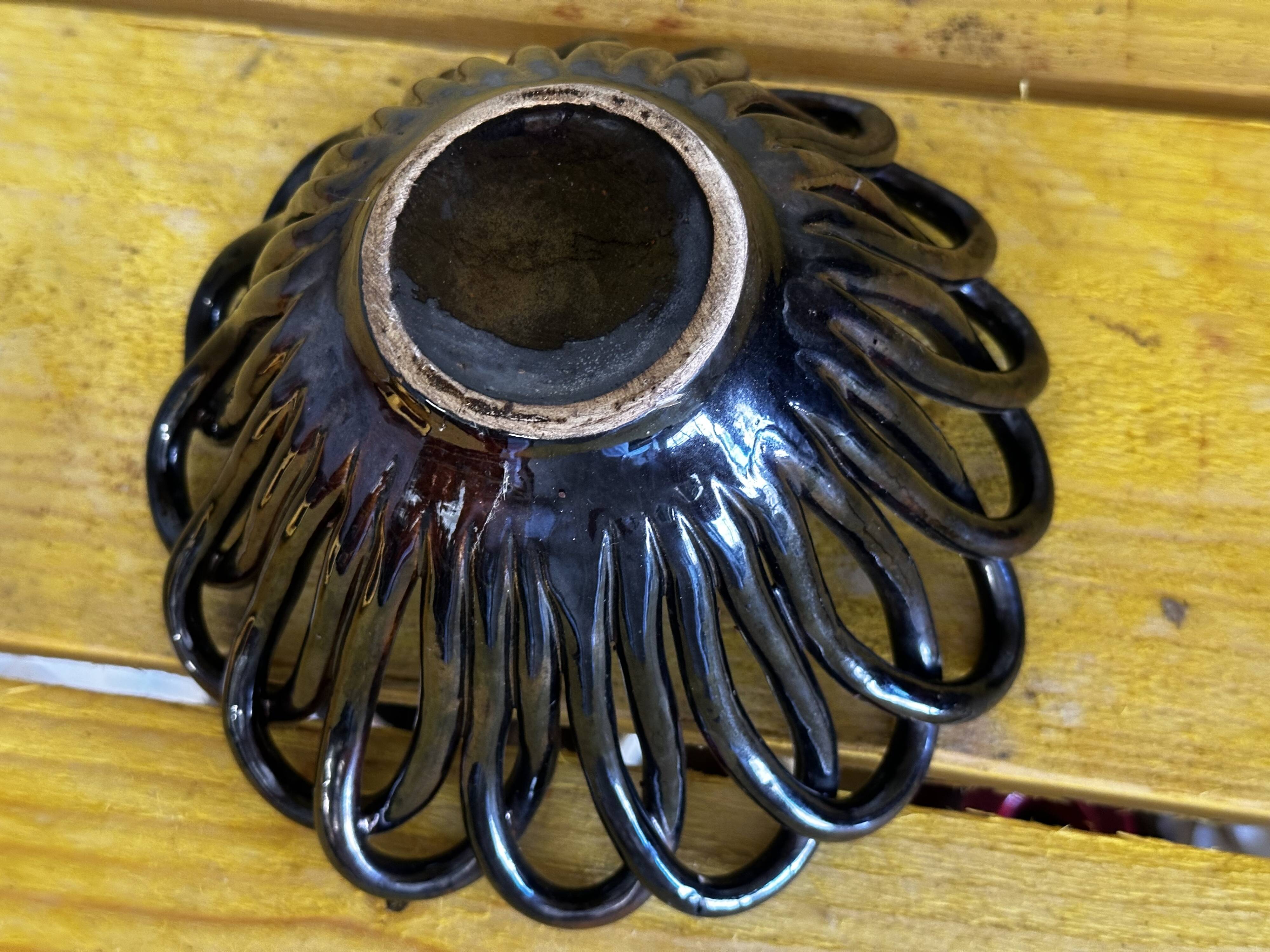 Small Basket - Iridescent Black Braided Ceramic Empty Pocket - 70's German