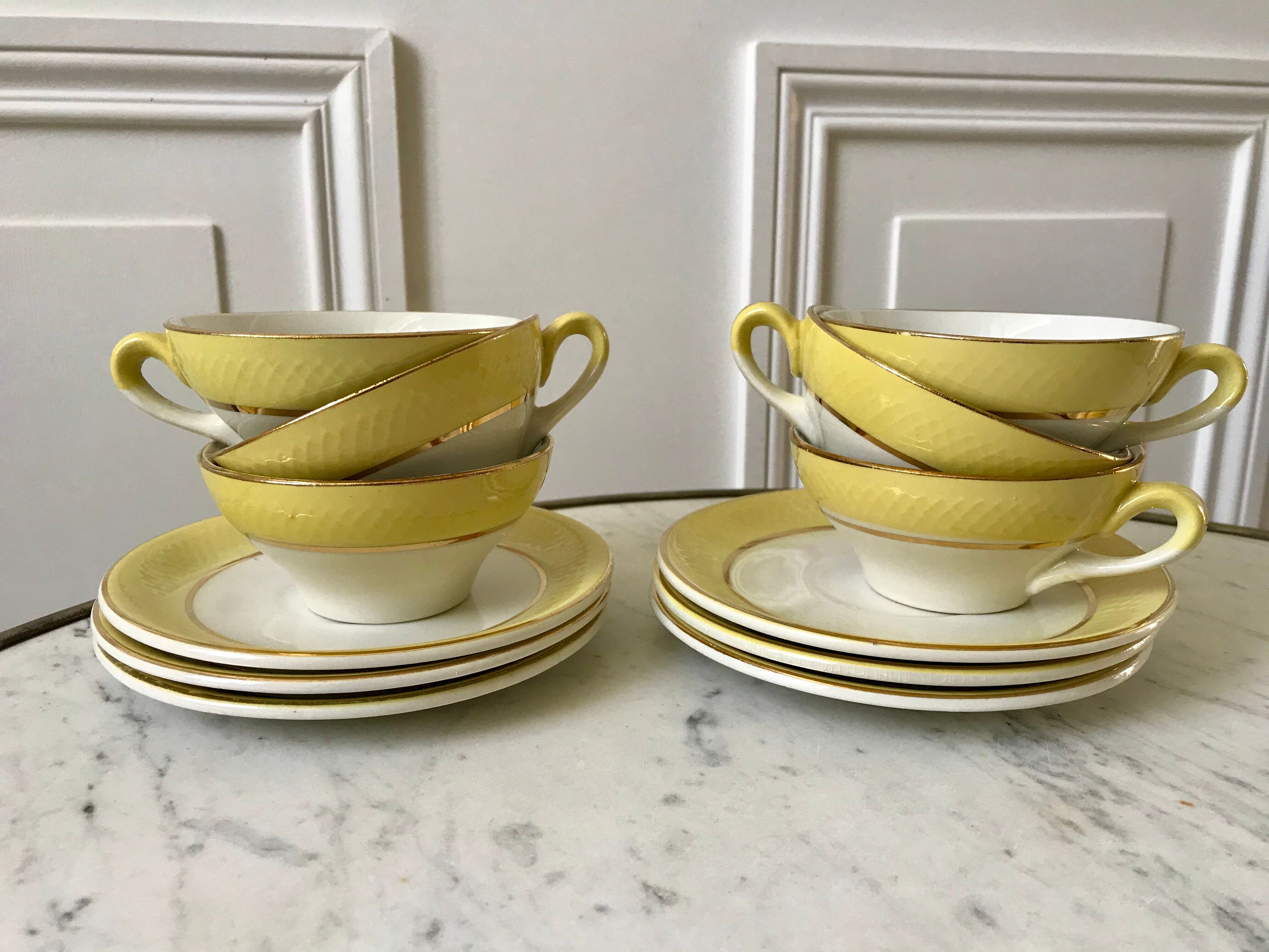 coffee set 6 cups, milk jug and sugar bowl Moulin des Loups textured yellow 50s