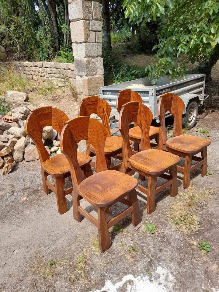 6 Belgian Brutalist Chairs in Solid Oak