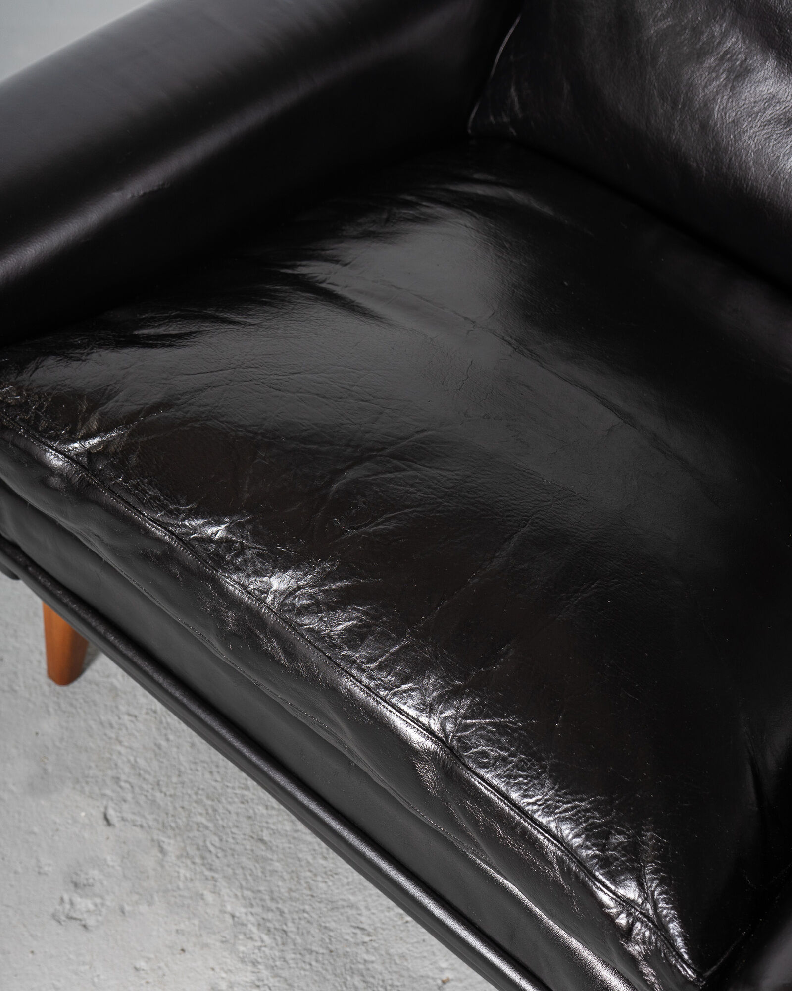Mid Century Black Leather and Teak Scandinavian Armchair, Denmark, circa 1970
