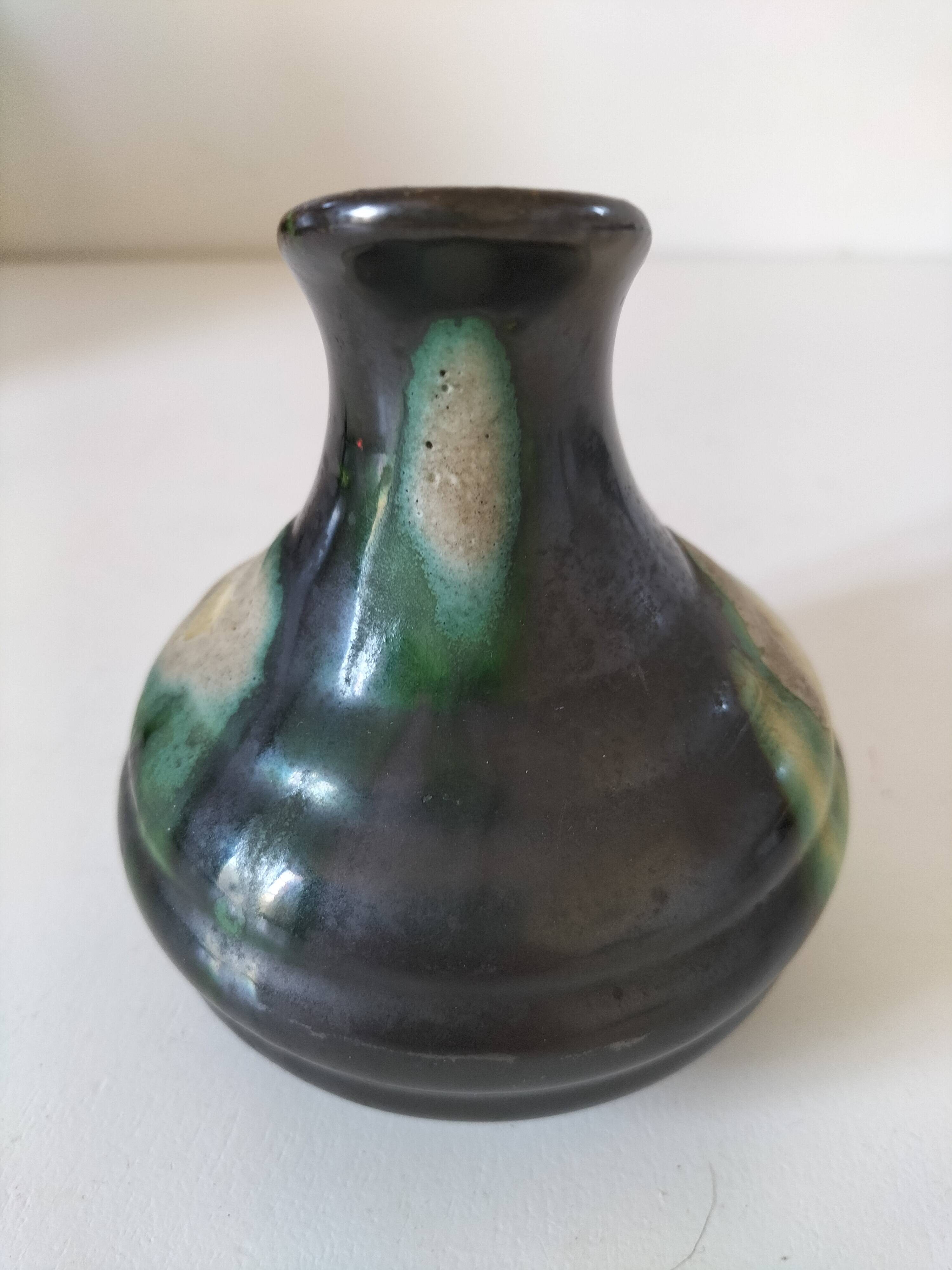 Ceramic pitcher Thulin Belgium flamed green black enamel