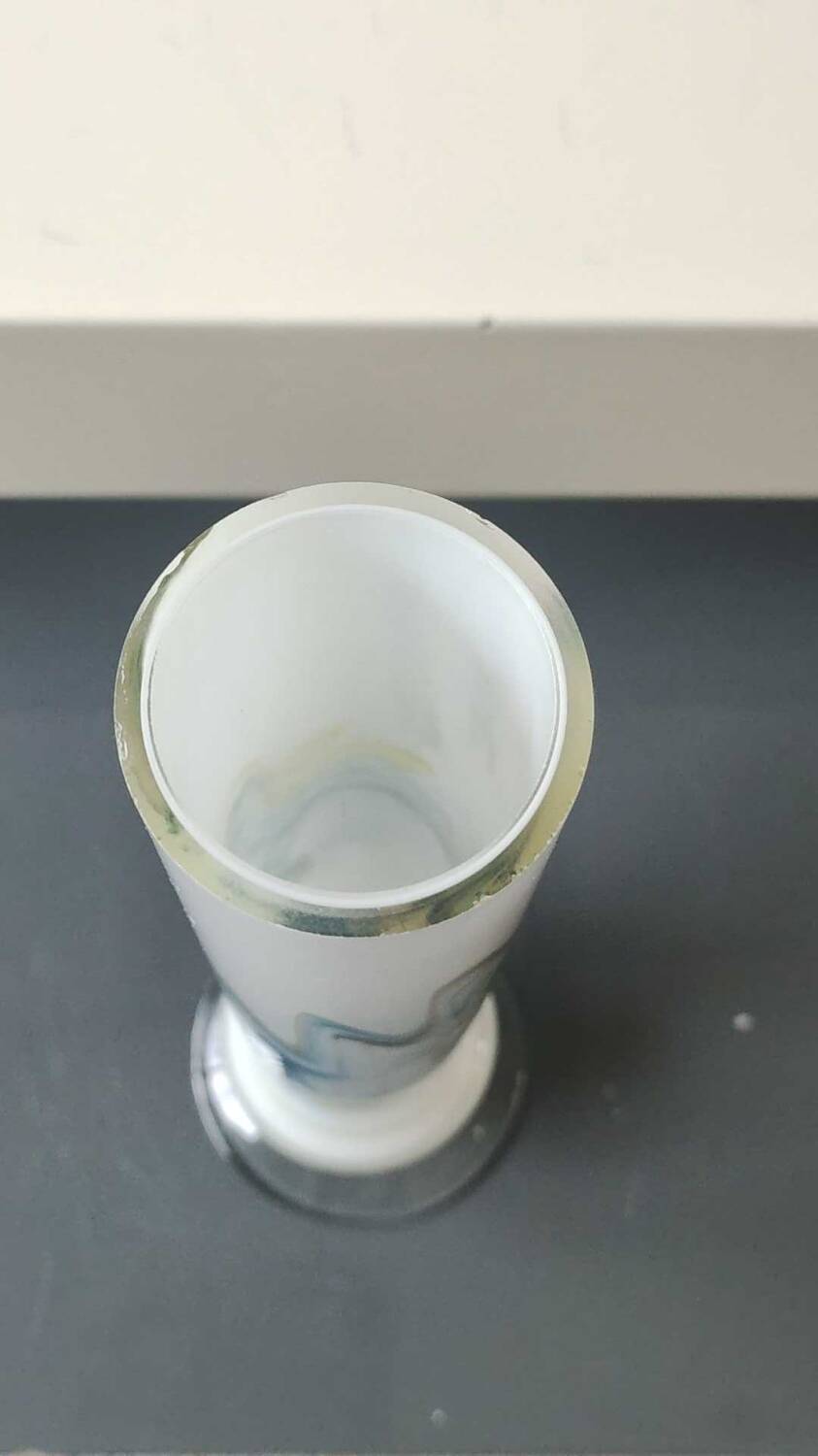 Tubular vase in white opaline, polychrome smoke volutes. Snowflake/Dalian Co. Ltd. High 29 cm