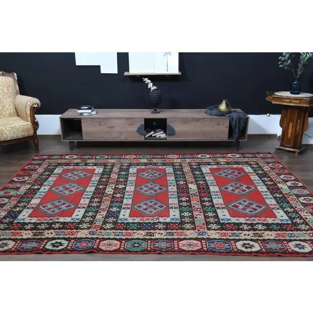 1970s Vintage Turkish Hand-Knotted Wool Cotton Red Area Rug 207x311