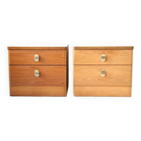 Pair of mid-century brown teak bedside tables, set of 2, 2 drawers.