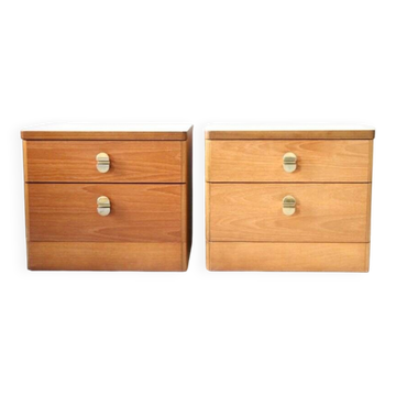 Pair of mid-century brown teak bedside tables, set of 2, 2 drawers.