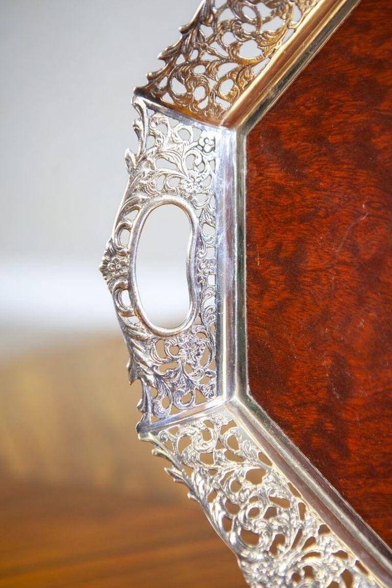 Early-20th Century Wooden Tray with Metal Openwork Border, 1950s