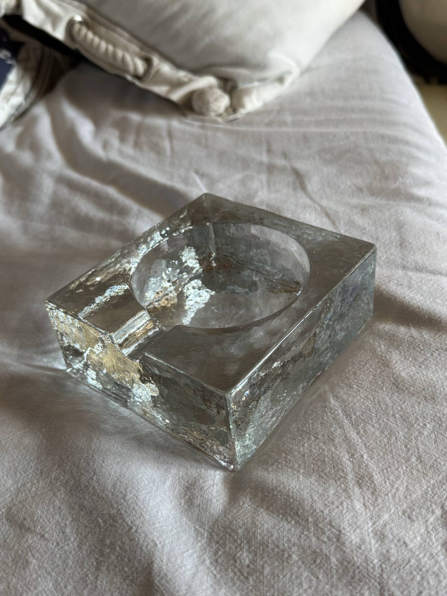 Scandinavian brutalist glass ashtray, minimalist design, 70s