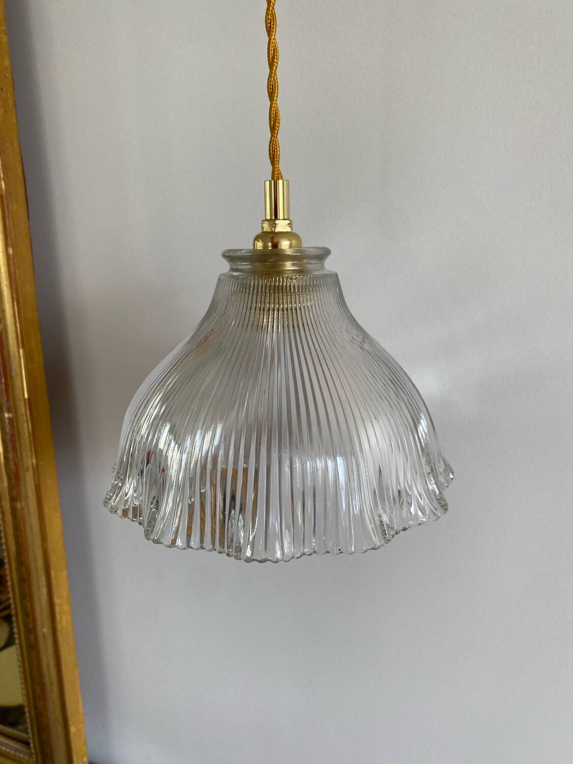 Vintage glass holophane pendant light