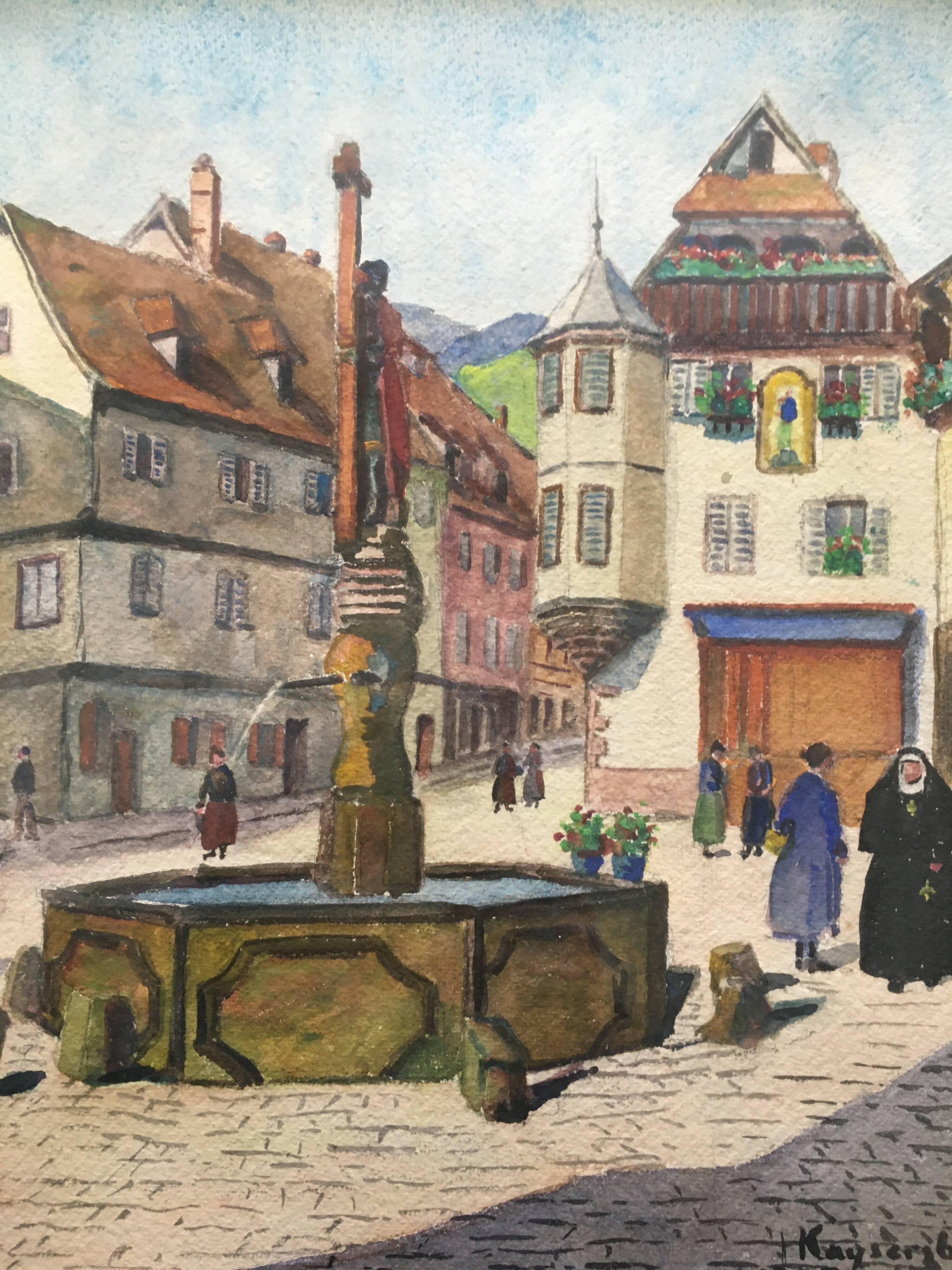 Table Watercolor street of Kayserberg (Alsace) dated 1955 monogrammed