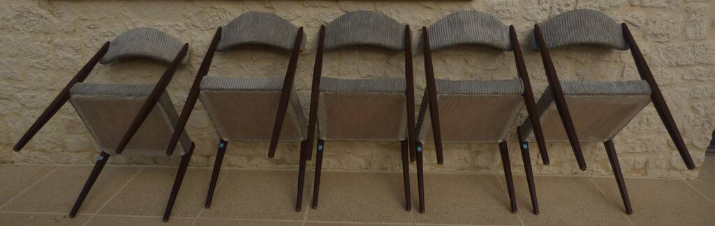 5 chaises de style scandinave en bois massif et velours gris, années 60