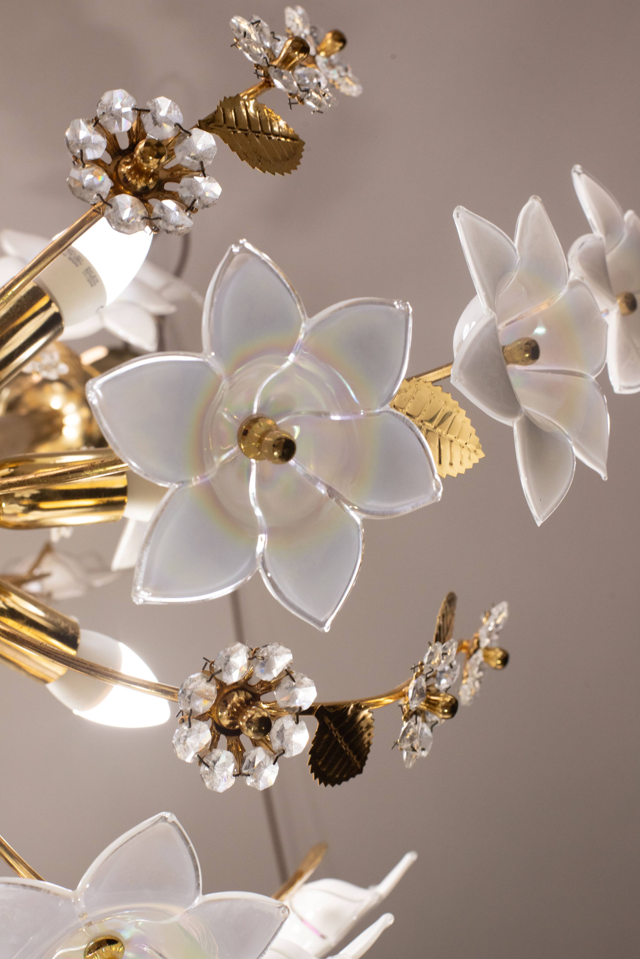 Large Size Vintage Murano Glass Chandelier White Flowers, 1970