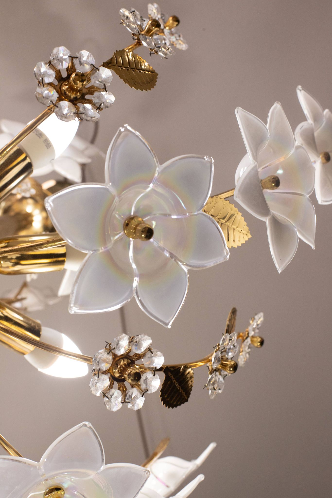 Large Size Vintage Murano Glass Chandelier White Flowers, 1970