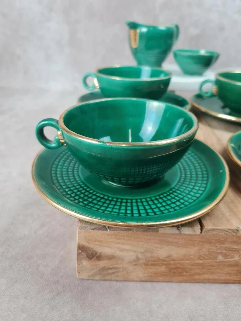 Service à café / thé Saint-Clément modèle 4044 vert émaillé doré – Art déco