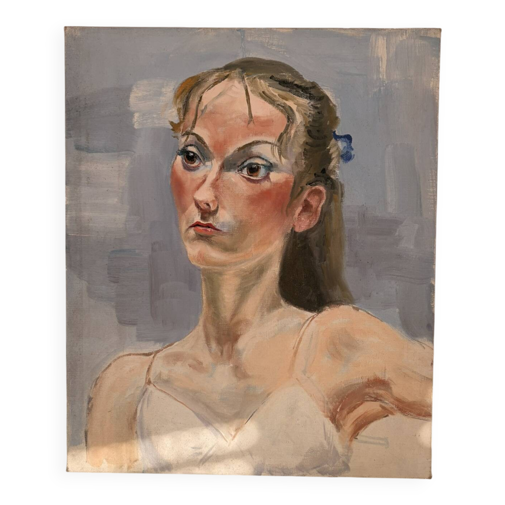 Ancien Peinture Huile Toile Femme Portrait Nue Blonde Enervée Sentiment