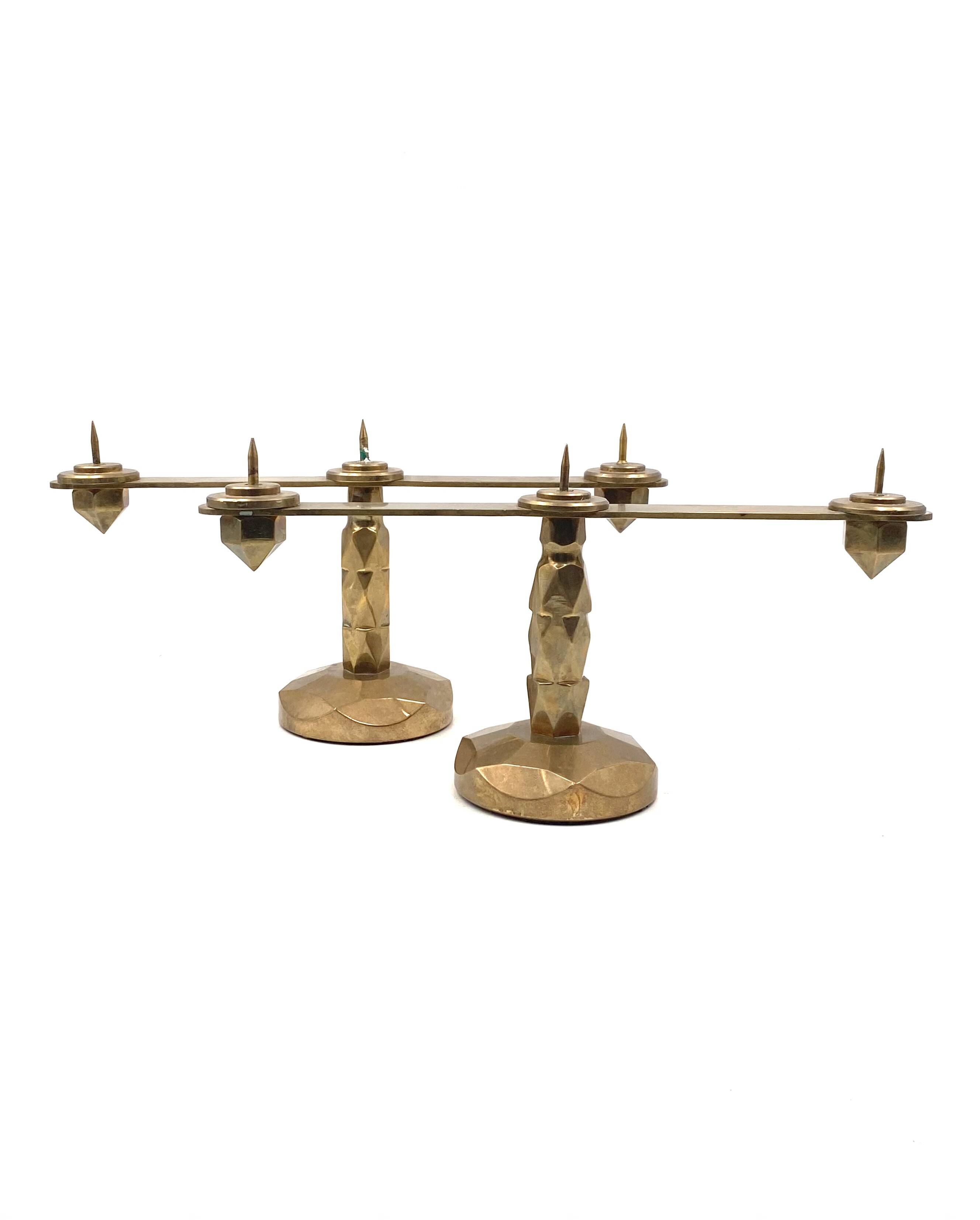 Brutalist brass pair of candle holders, France 1970