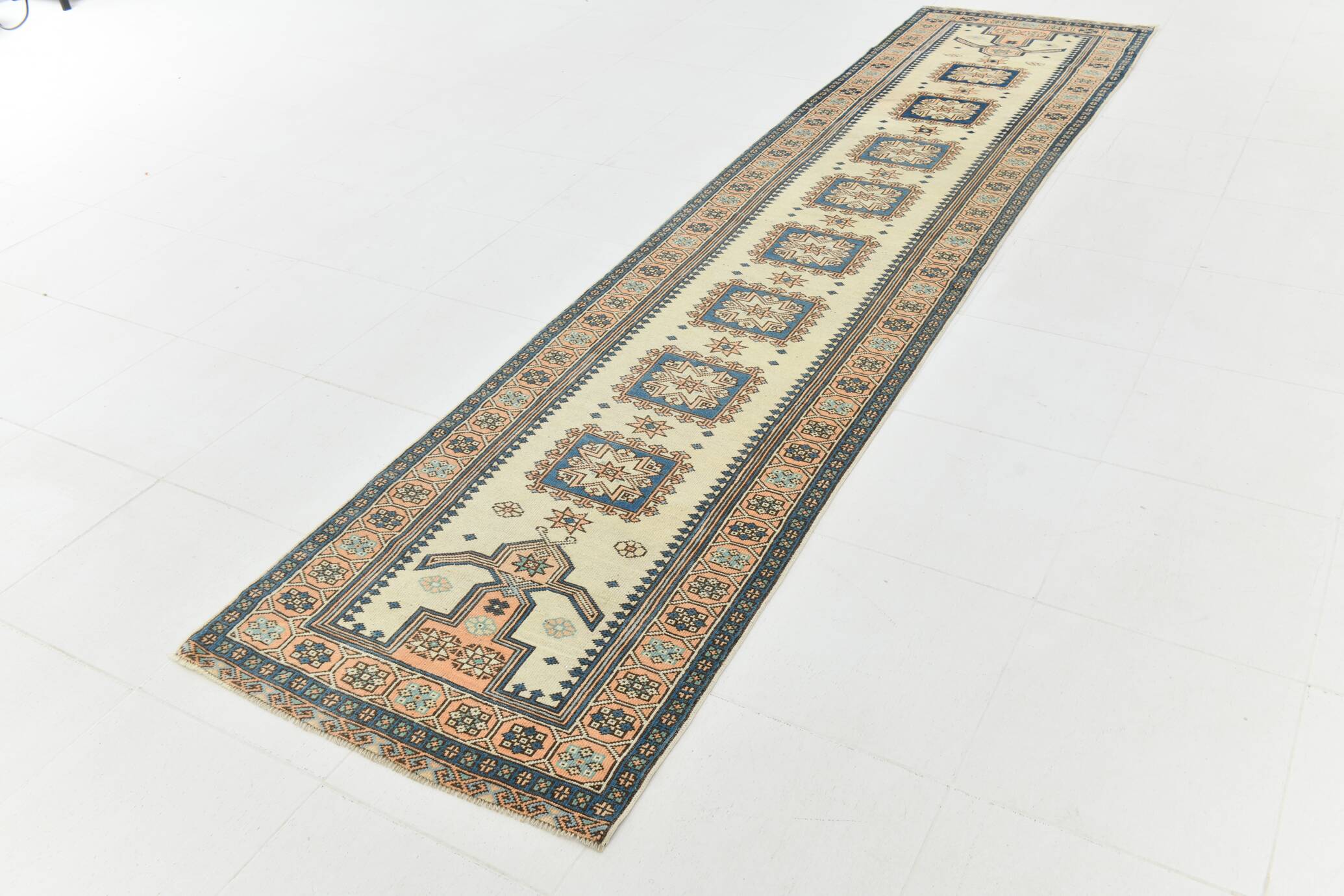 2x11 shades of cream blue oushak runner rug