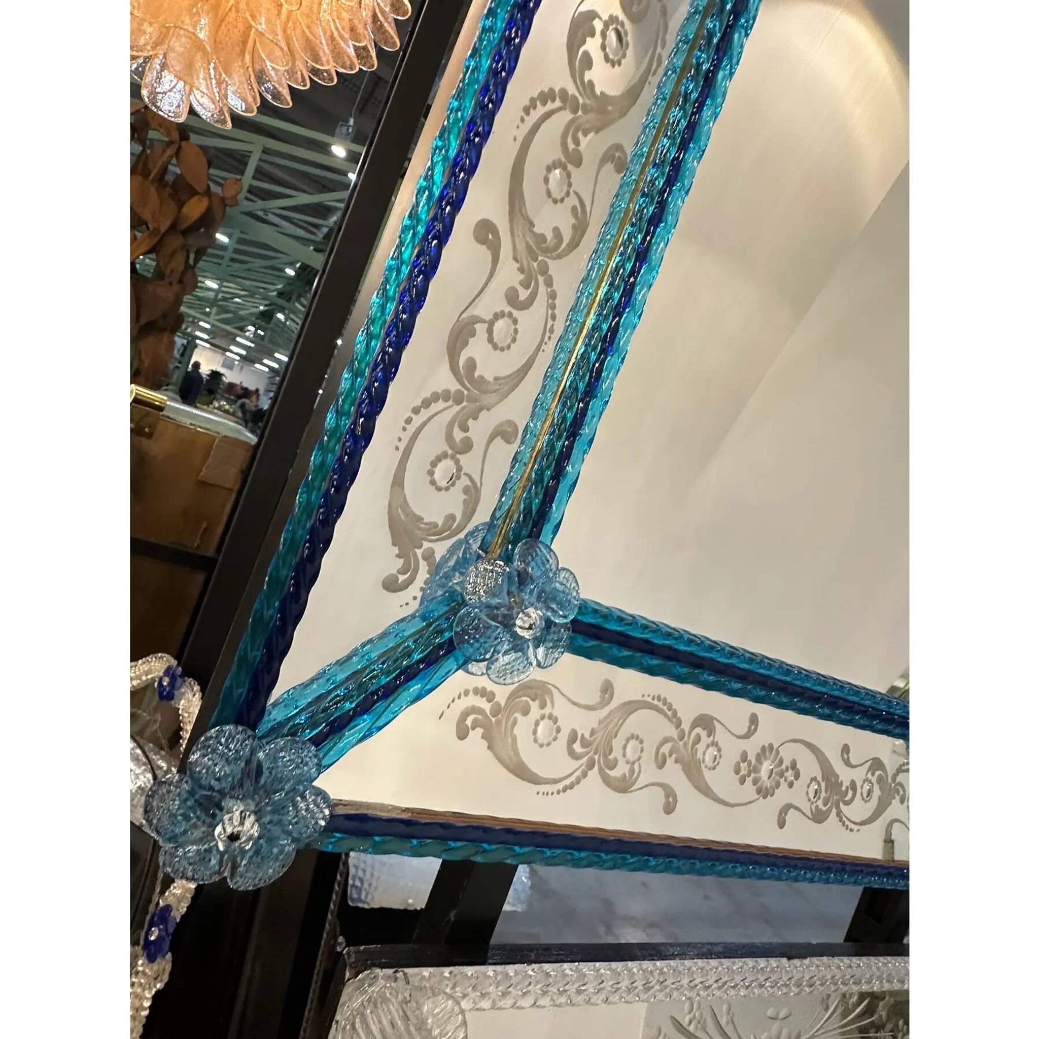 Stylish Modern Venetian Blue Mirror with Hand-Carved Murano Glass Frame