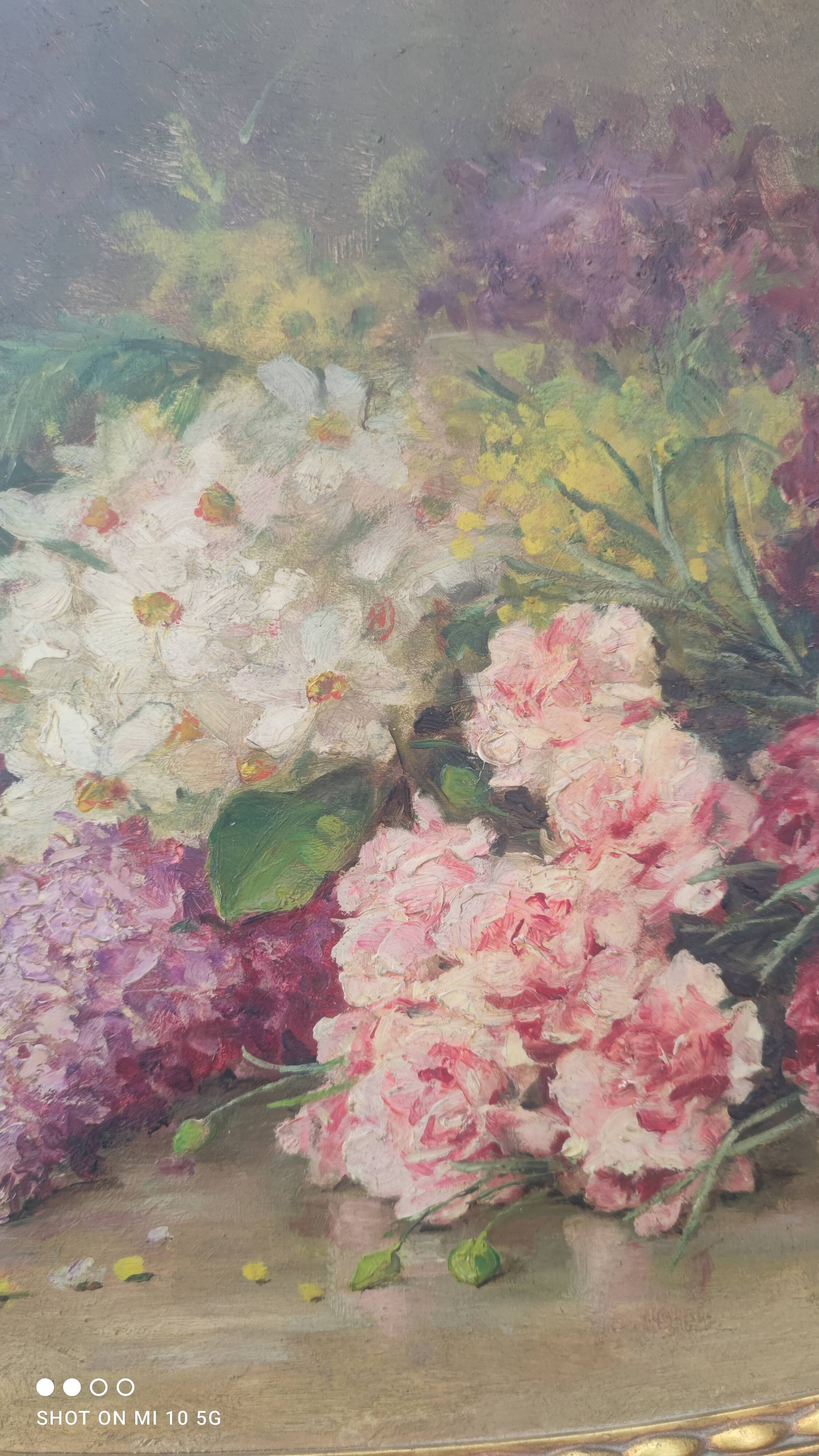 Elliptical table still life bouquet of flowers oil on wood by Lillie Honnorat